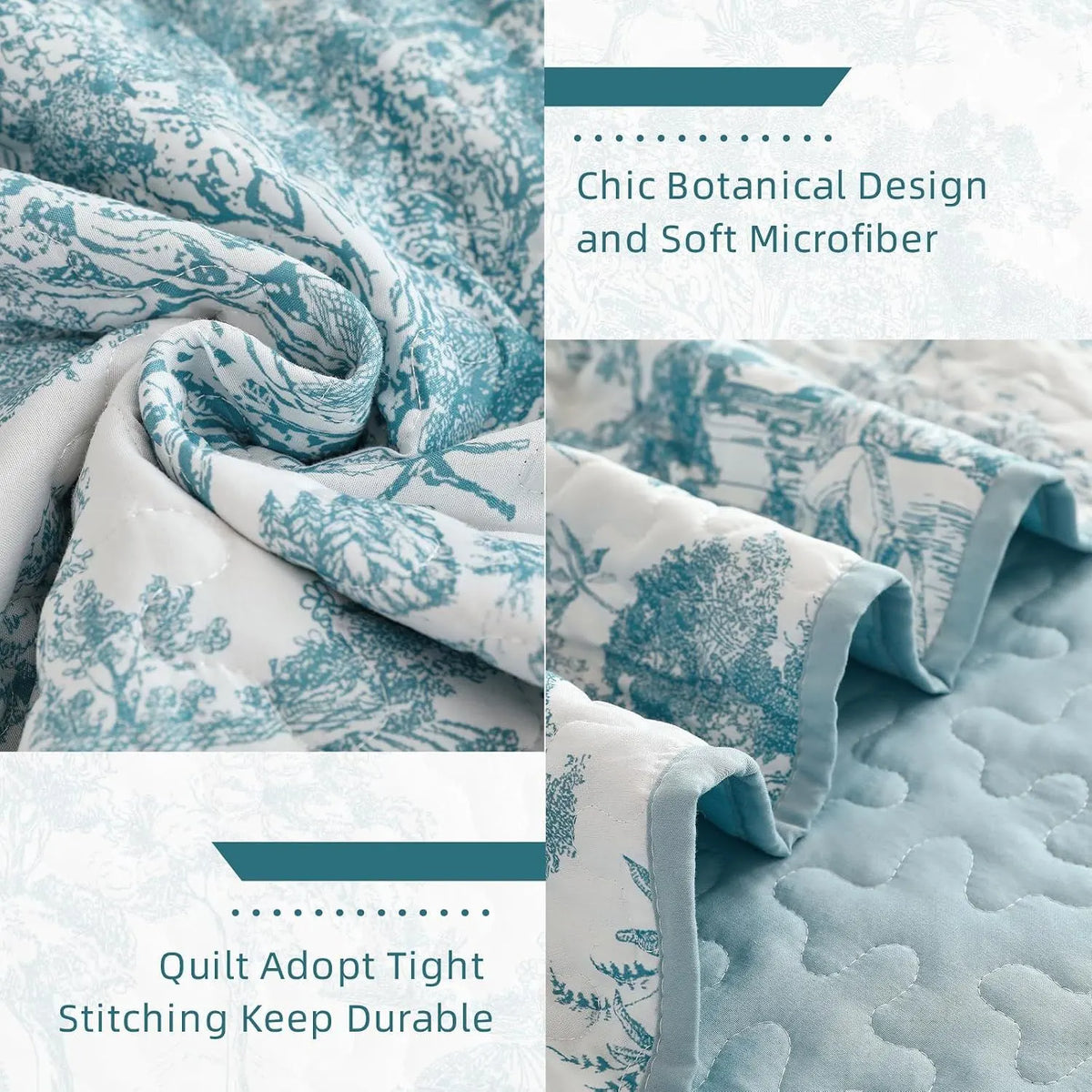 Blue Floral Botanical Serenity Bedspread Coverlet 3 Piece Set - Image 6