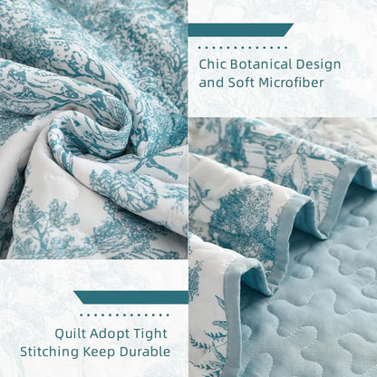 Blue Floral Botanical Serenity Bedspread Coverlet 3 Piece Set - Image 6