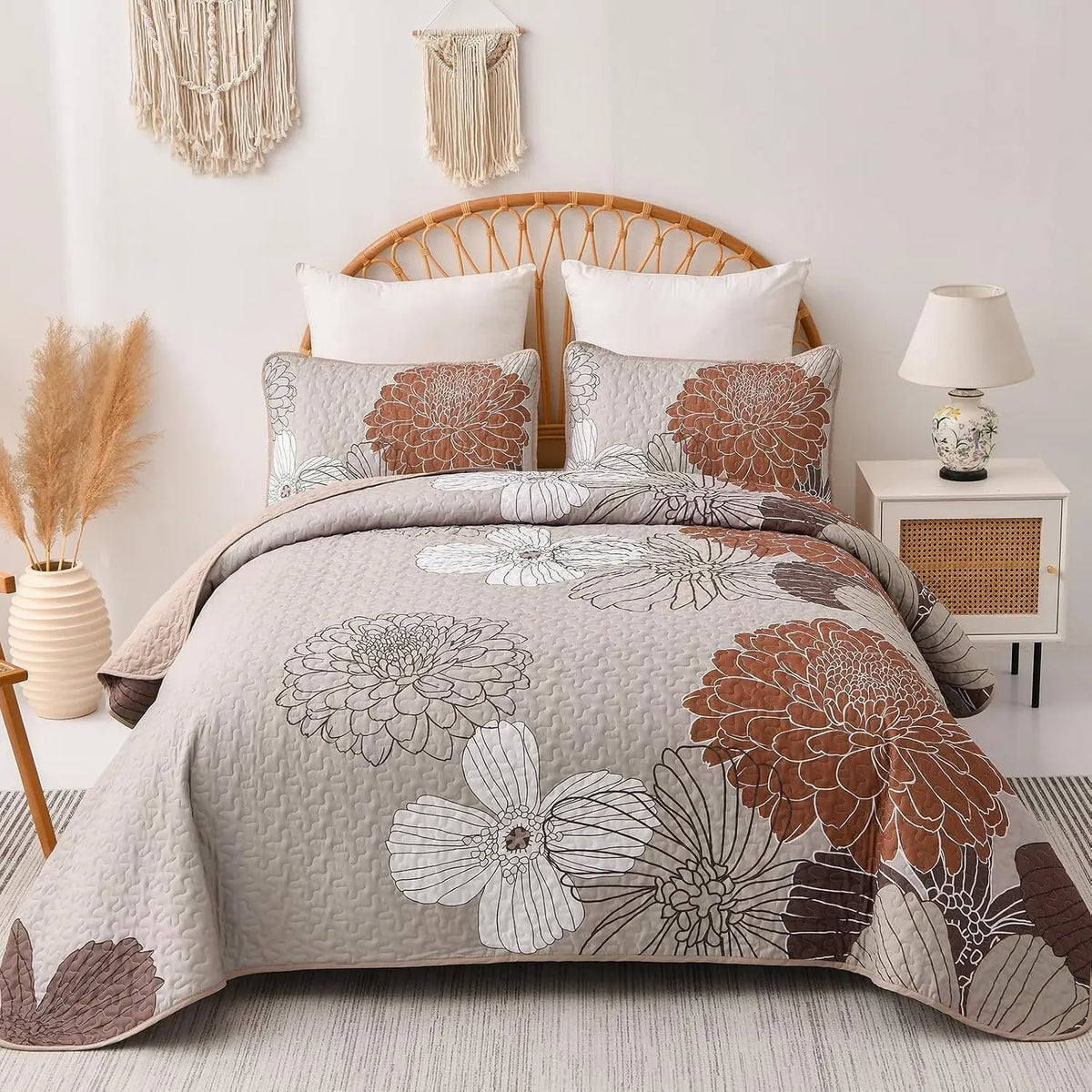 Brown Floral Vista Bedspread Coverlet 3 Piece Set