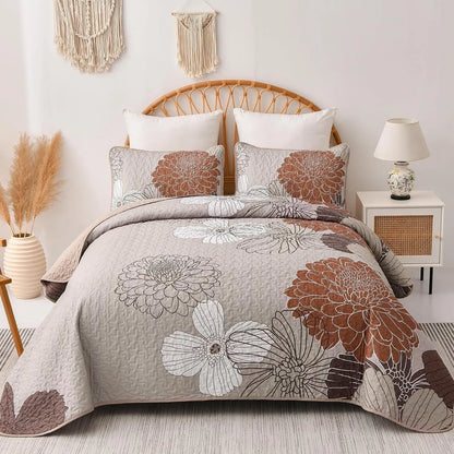 Brown Floral Vista Bedspread Coverlet 3 Piece Set