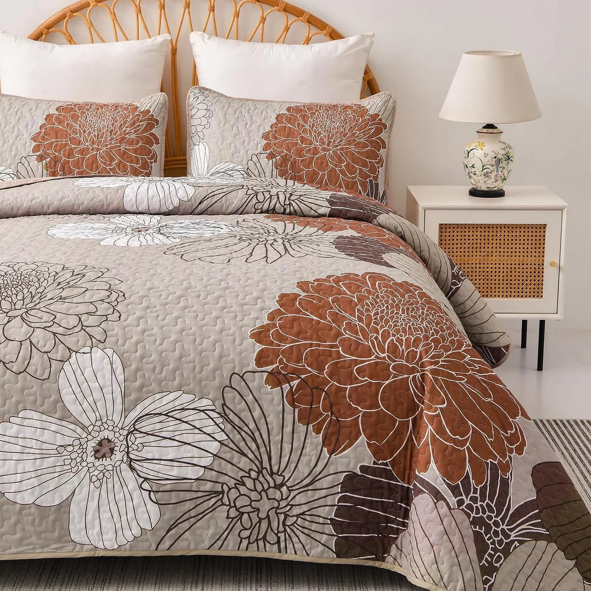 Brown Floral Vista Bedspread Coverlet 3 Piece Set - Image 2