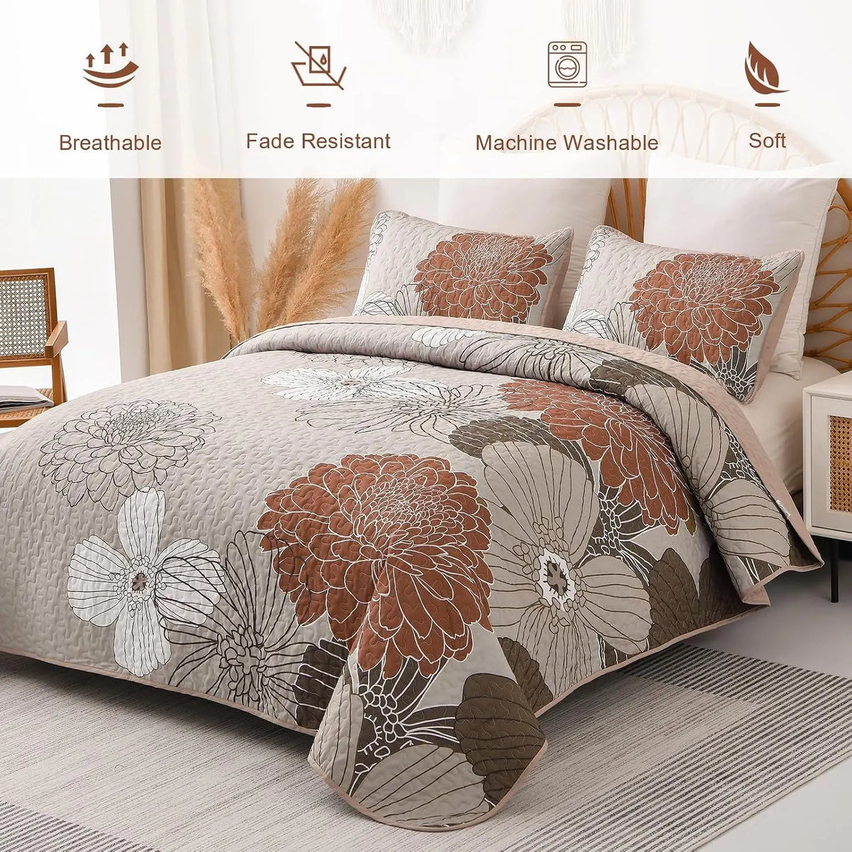 Brown Floral Vista Bedspread Coverlet 3 Piece Set - Image 4