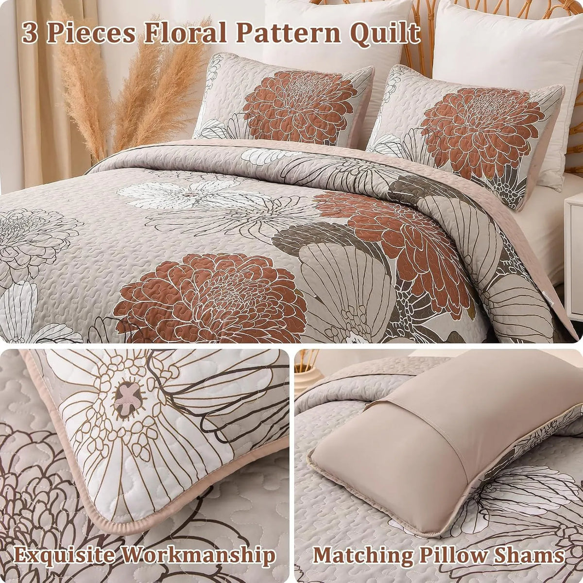 Brown Floral Vista Bedspread Coverlet 3 Piece Set - Image 5