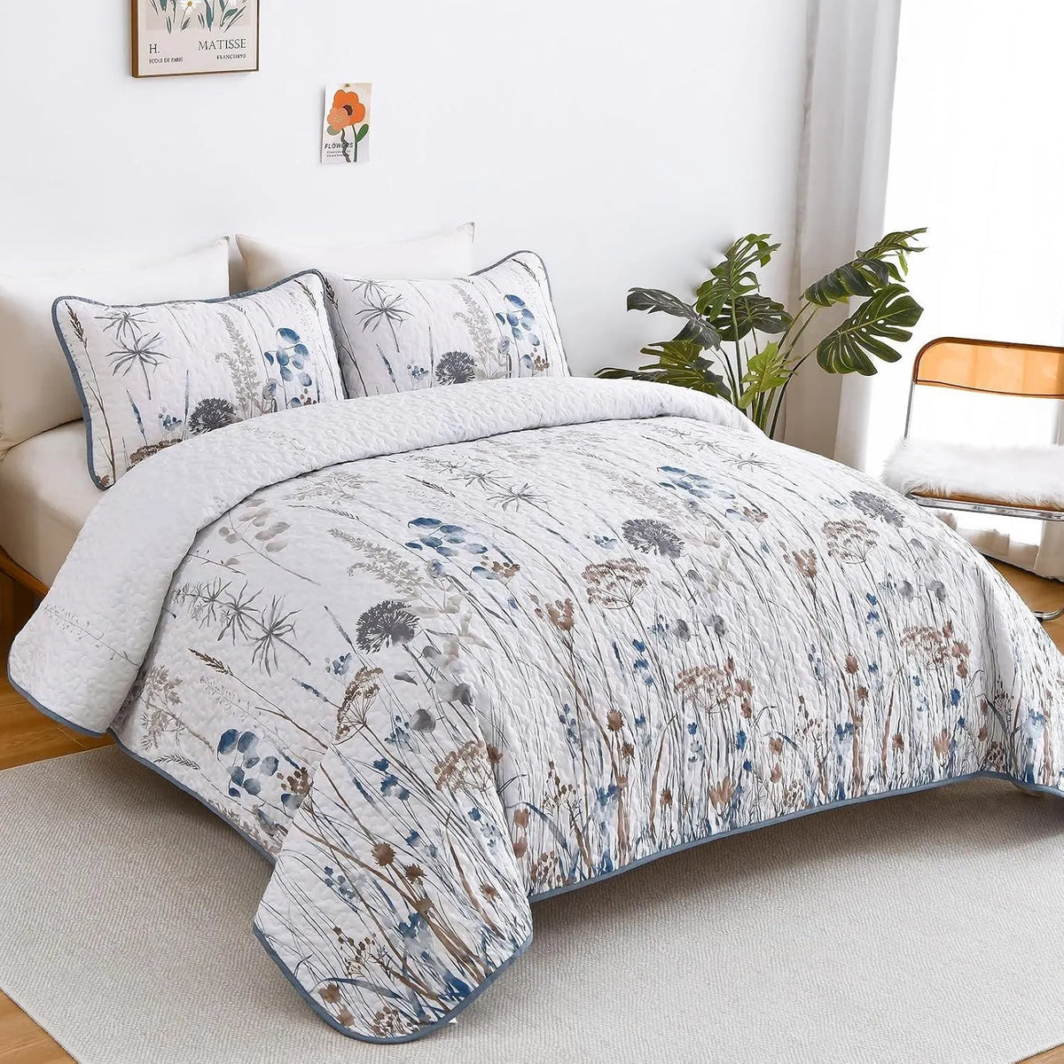 Blue Floral Botanical Charm Bedspread Coverlet 3 Piece Set - Image 2