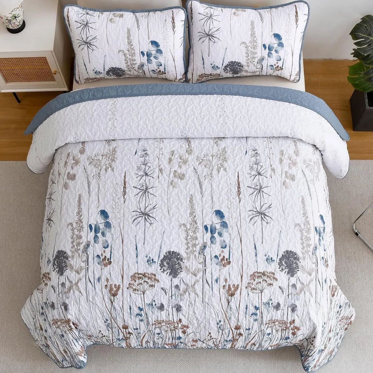 Blue Floral Botanical Charm Bedspread Coverlet 3 Piece Set - Image 3