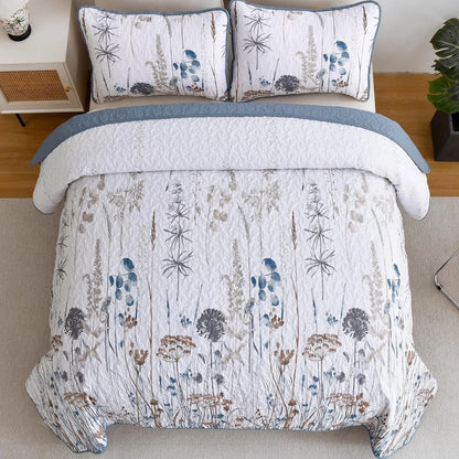 Blue Floral Botanical Charm Bedspread Coverlet 3 Piece Set - Image 3