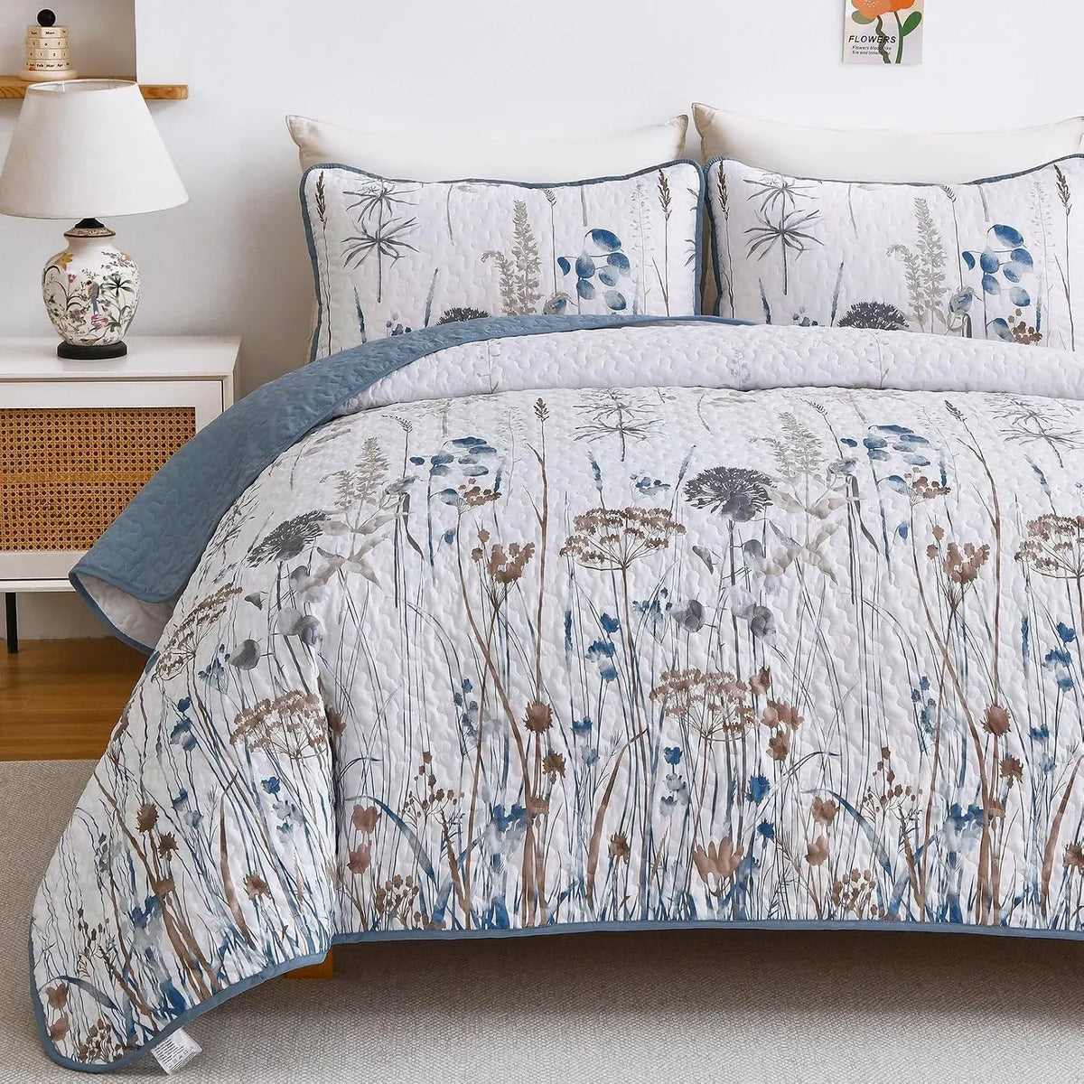 Blue Floral Botanical Charm Bedspread Coverlet 3 Piece Set - Image 4