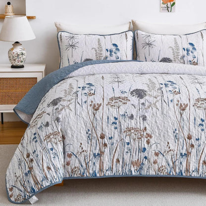 Blue Floral Botanical Charm Bedspread Coverlet 3 Piece Set - Image 4