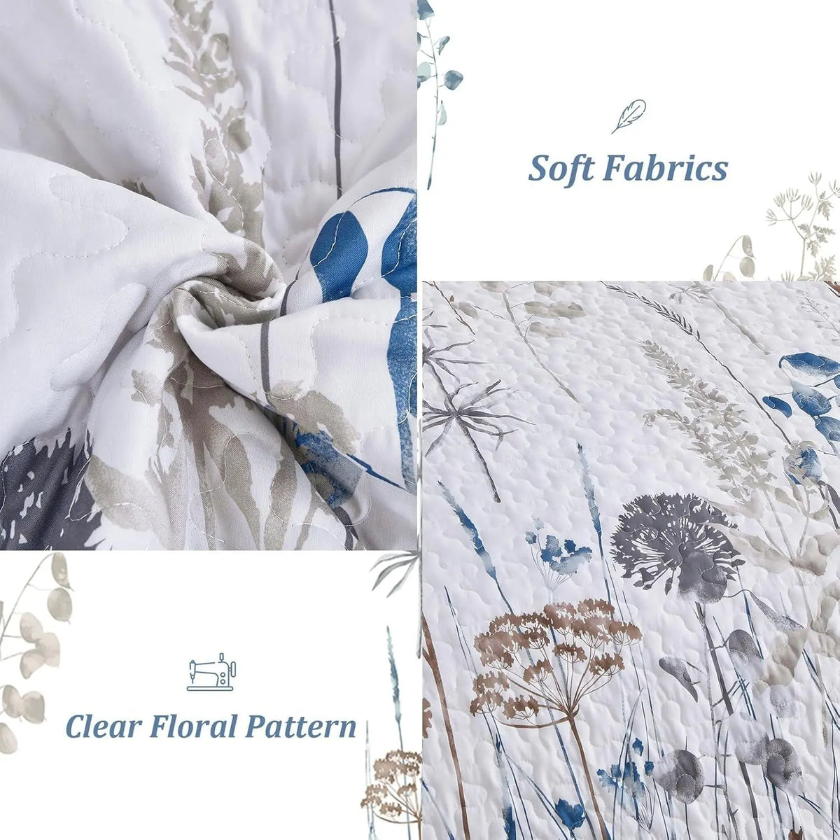 Blue Floral Botanical Charm Bedspread Coverlet 3 Piece Set - Image 5