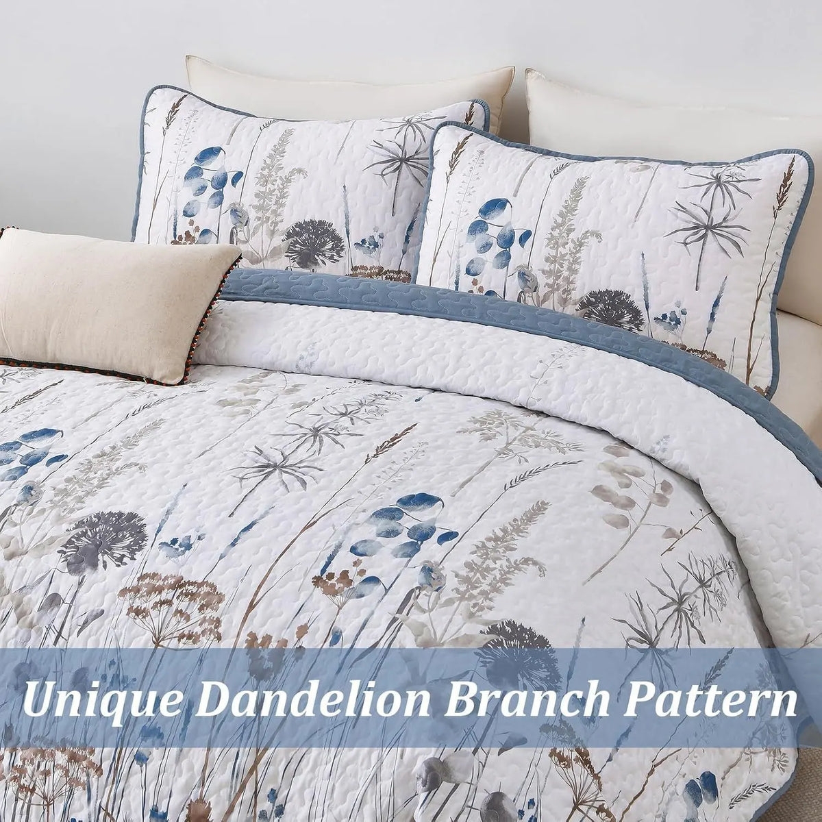 Blue Floral Botanical Charm Bedspread Coverlet 3 Piece Set - Image 6