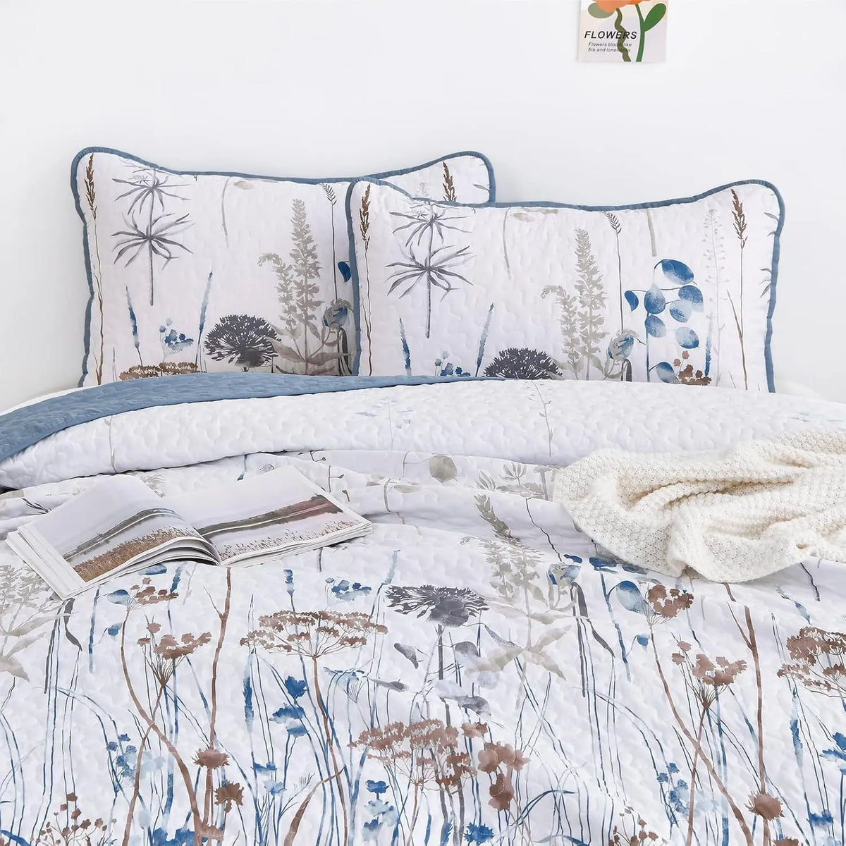 Blue Floral Botanical Charm Bedspread Coverlet 3 Piece Set - Image 7