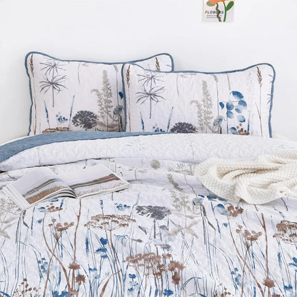 Blue Floral Botanical Charm Bedspread Coverlet 3 Piece Set - Image 7