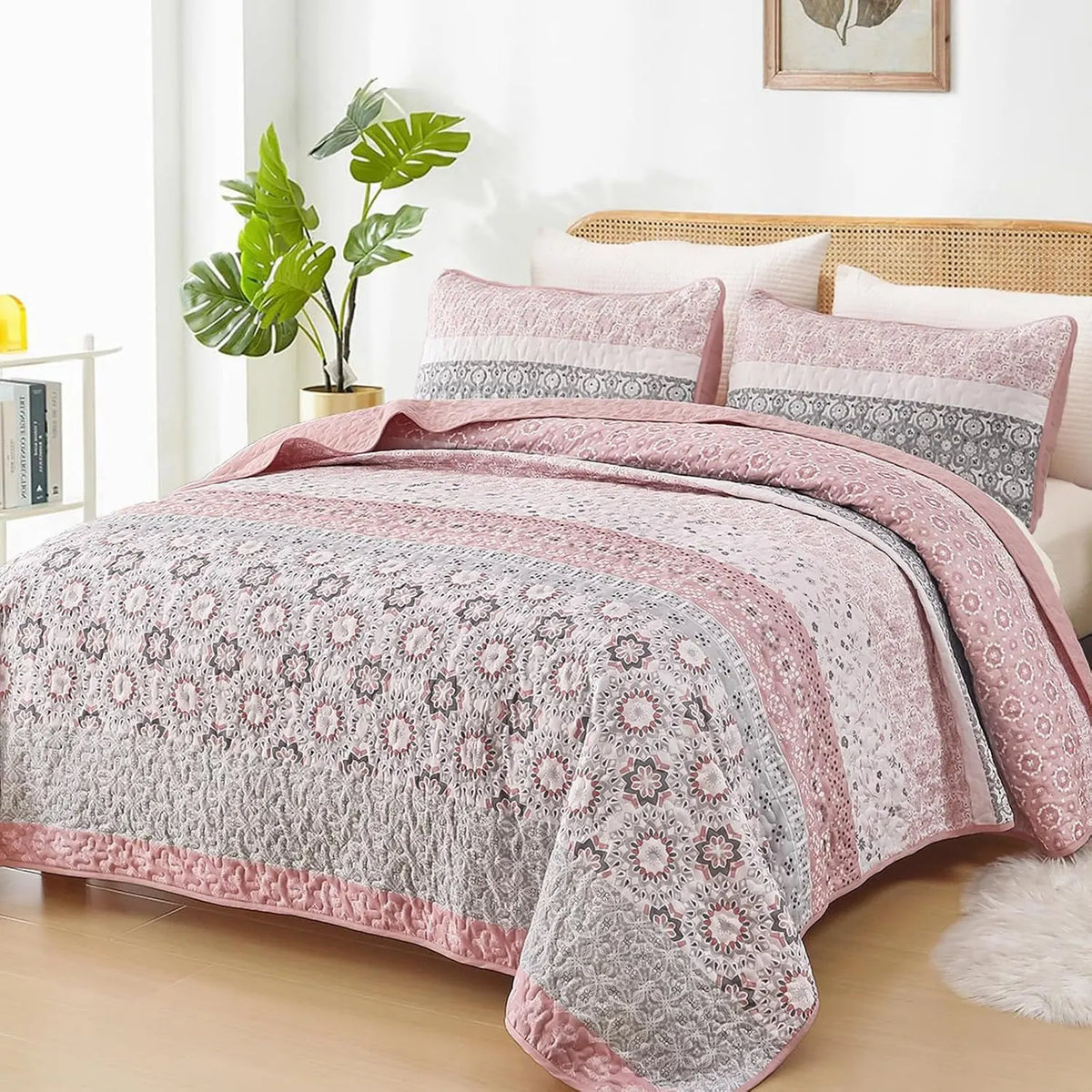 Pink Floral Stripe Bloom Bedspread Coverlet 3 Piece Set