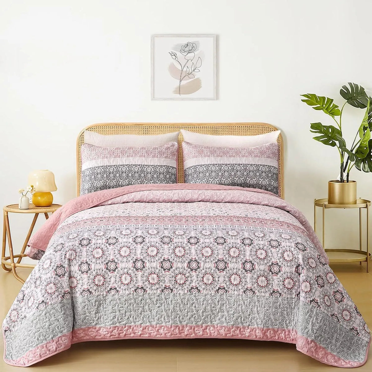 Pink Floral Stripe Bloom Bedspread Coverlet 3 Piece Set - Image 2