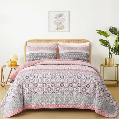 Pink Floral Stripe Bloom Bedspread Coverlet 3 Piece Set - Image 2