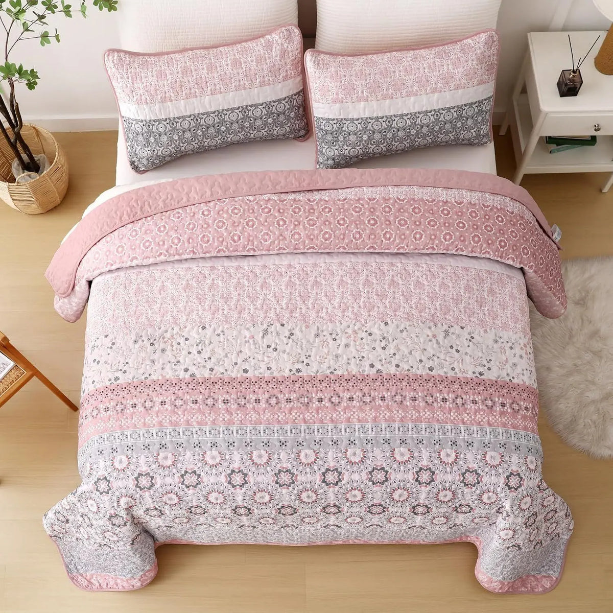 Pink Floral Stripe Bloom Bedspread Coverlet 3 Piece Set - Image 3