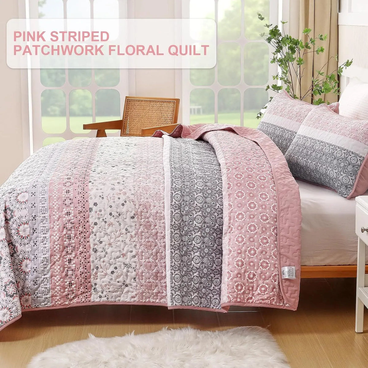 Pink Floral Stripe Bloom Bedspread Coverlet 3 Piece Set - Image 4