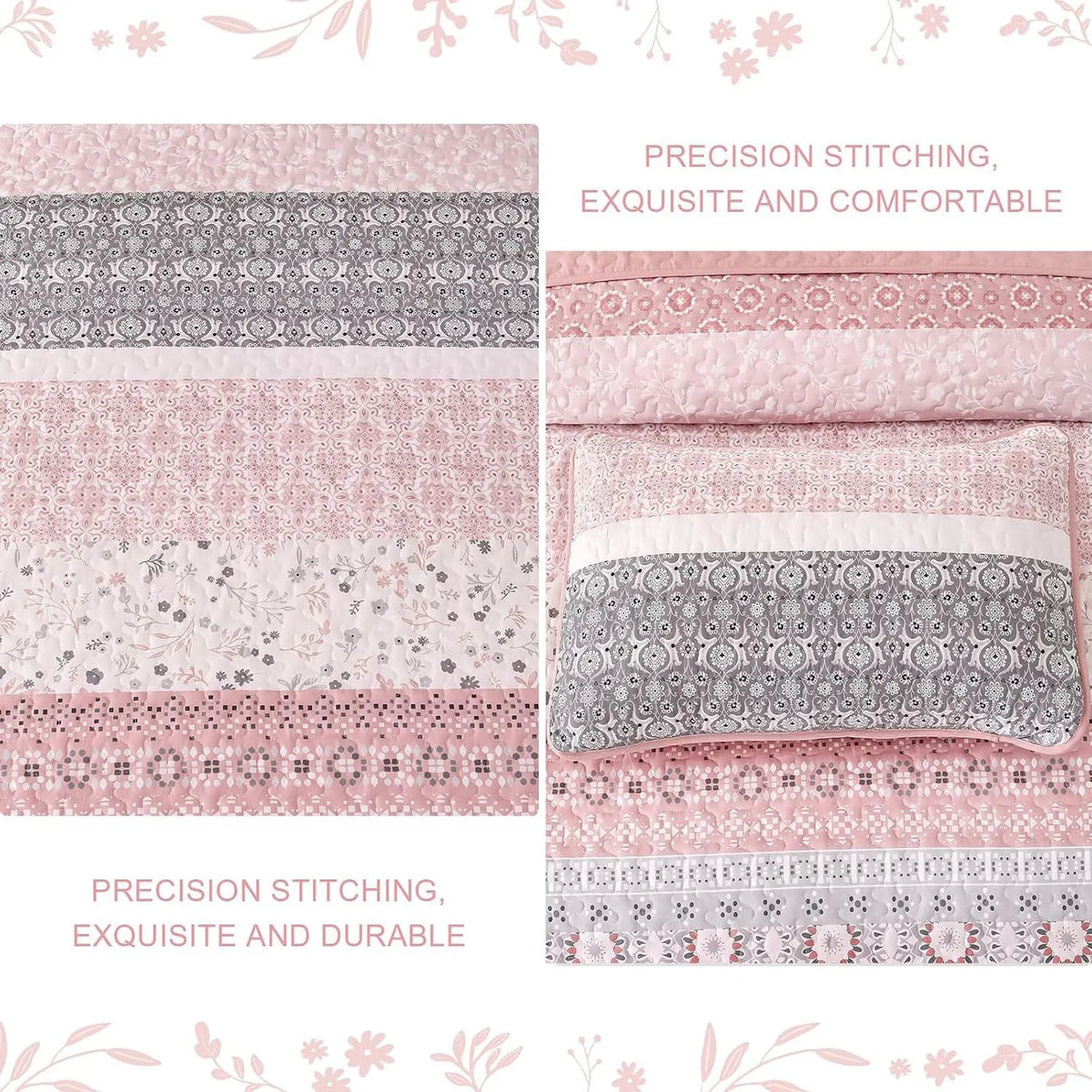 Pink Floral Stripe Bloom Bedspread Coverlet 3 Piece Set - Image 5