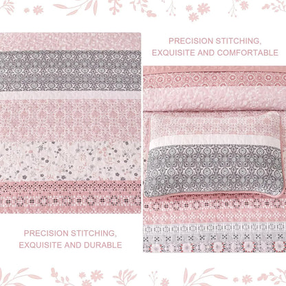 Pink Floral Stripe Bloom Bedspread Coverlet 3 Piece Set - Image 5