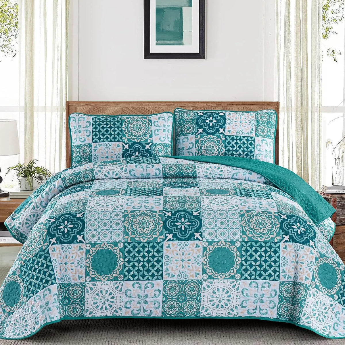 Teal Boho Mosaic Patchwork Coverlet Bedspread Set