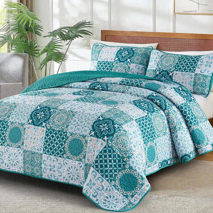 Teal Boho Mosaic Patchwork Coverlet Bedspread Set - Image 2
