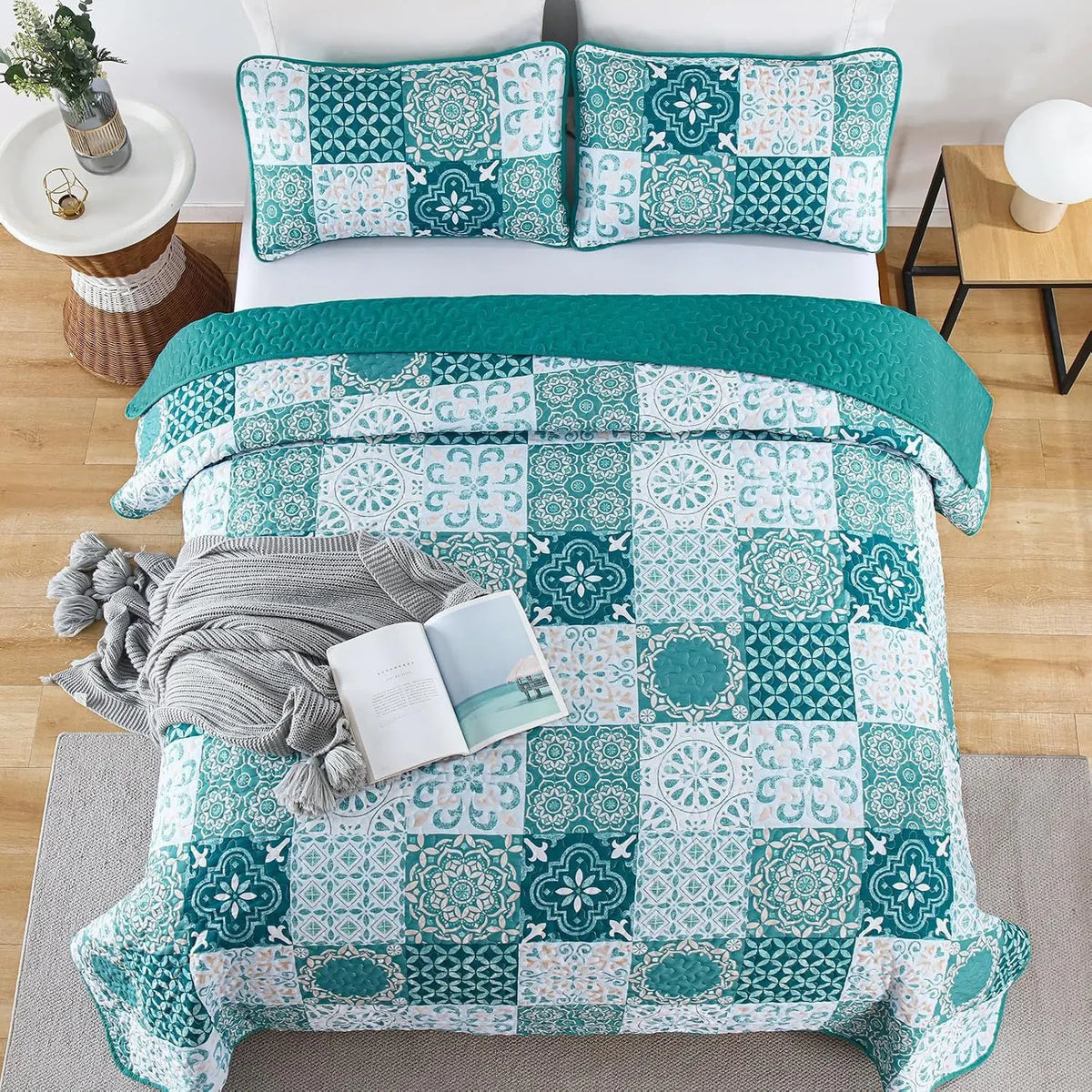 Teal Boho Mosaic Patchwork Coverlet Bedspread Set - Image 3