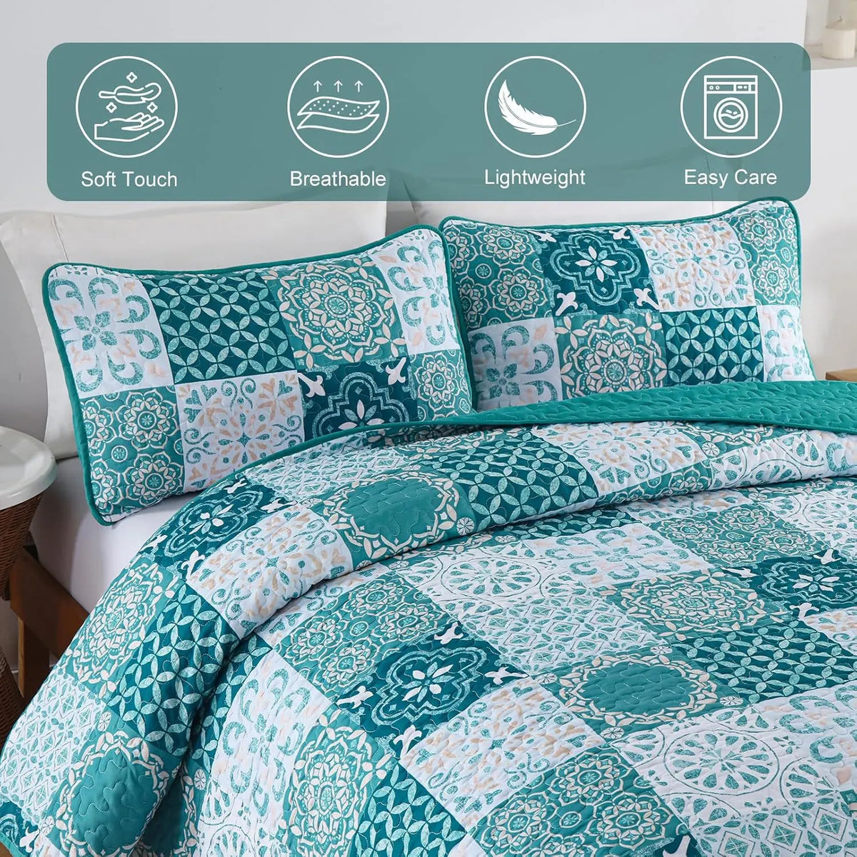 Teal Boho Mosaic Patchwork Coverlet Bedspread Set - Image 4