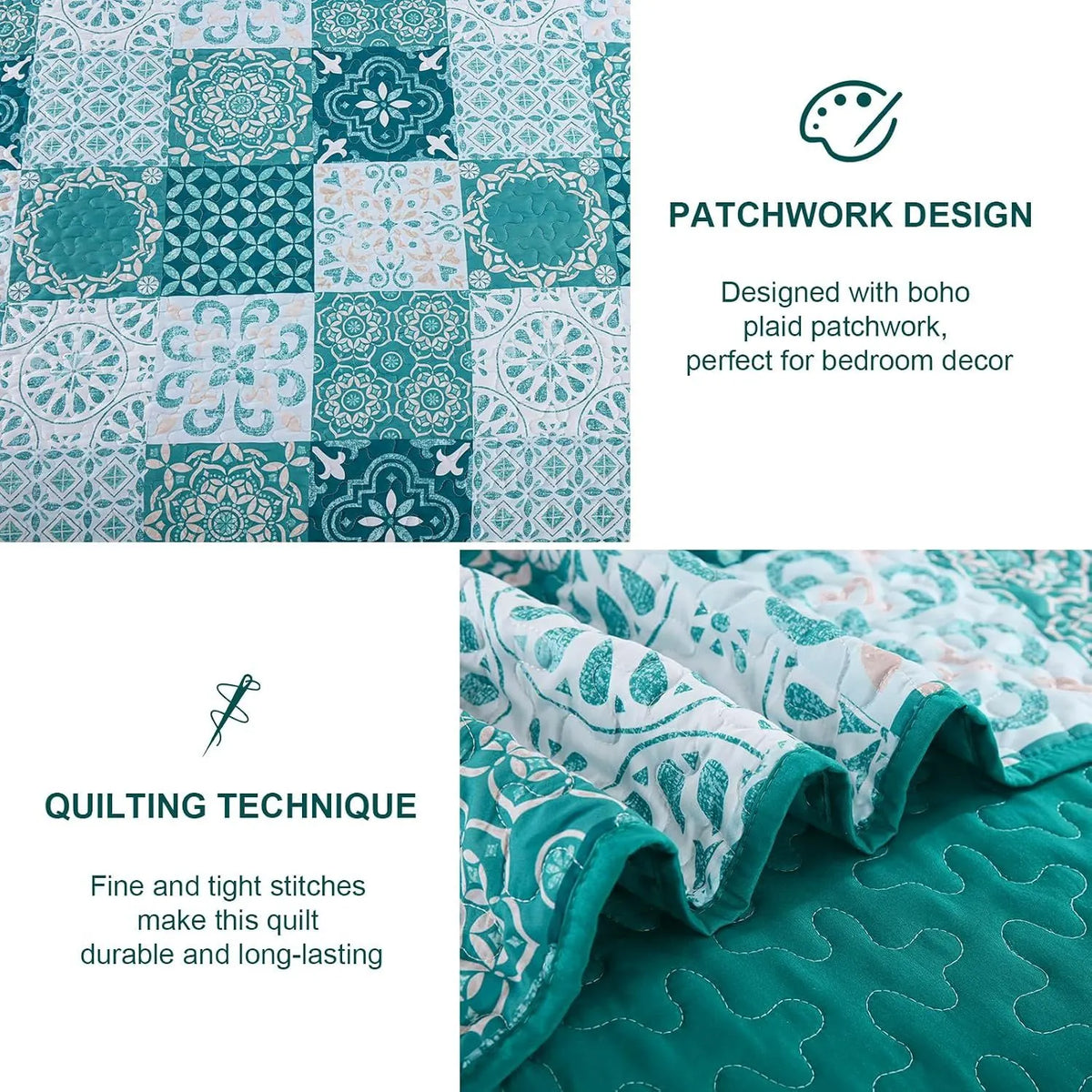 Teal Boho Mosaic Patchwork Coverlet Bedspread Set - Image 5