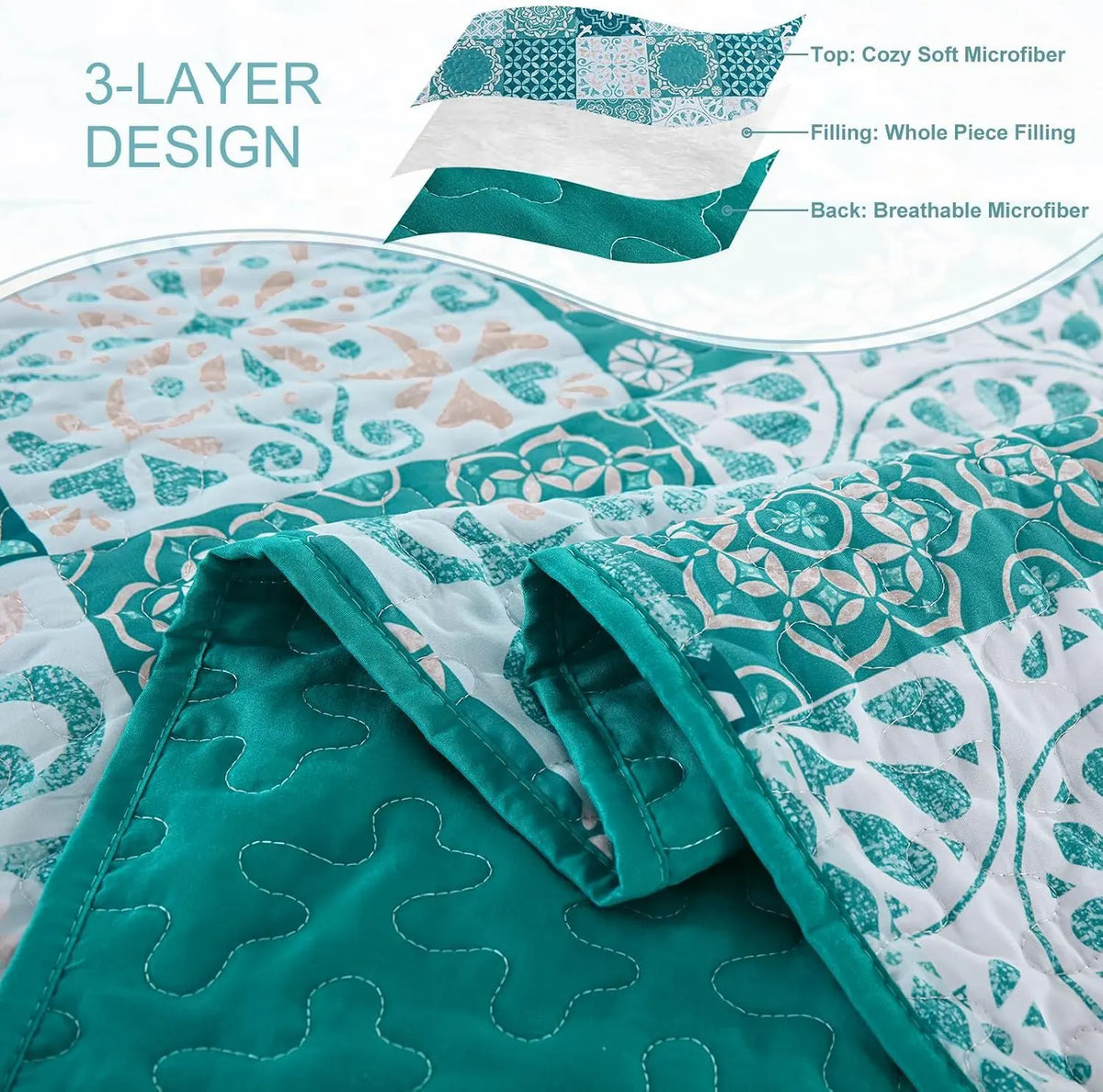 Teal Boho Mosaic Patchwork Coverlet Bedspread Set - Image 6