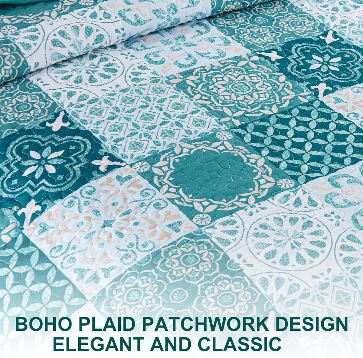 Teal Boho Mosaic Patchwork Coverlet Bedspread Set - Image 7
