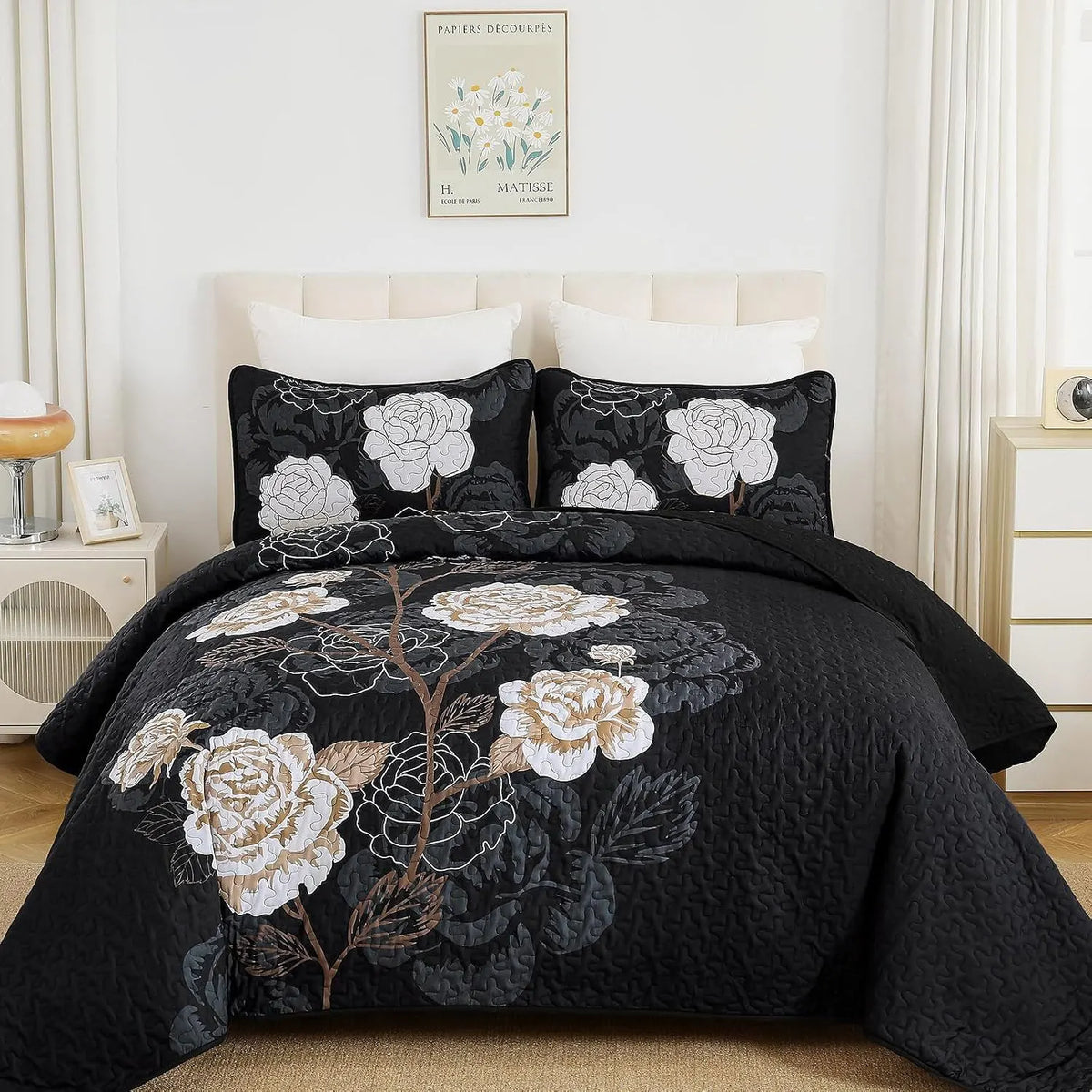 Black Floral Majesty Bedspread Coverlet 3 Piece Set
