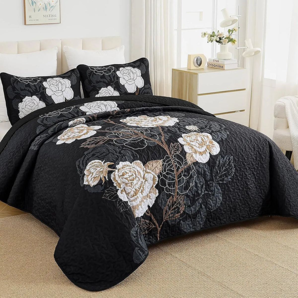 Black Floral Majesty Bedspread Coverlet 3 Piece Set - Image 2