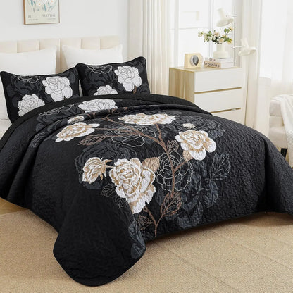 Black Floral Majesty Bedspread Coverlet 3 Piece Set - Image 2