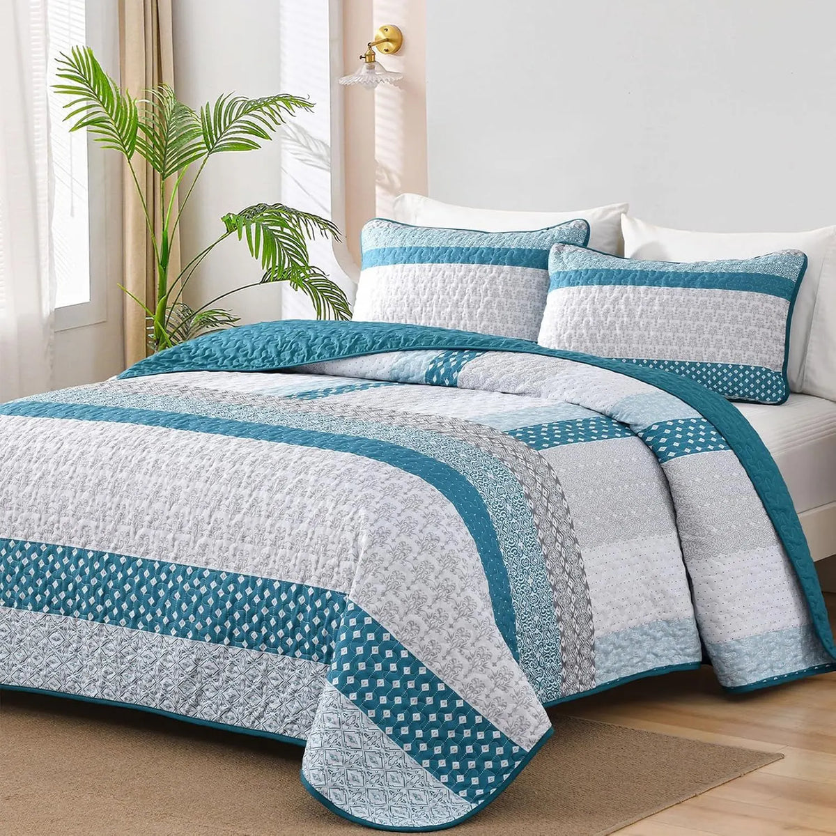 Teal Blue Stripe Boho Elysian Bedspread Coverlet 3 Piece Set