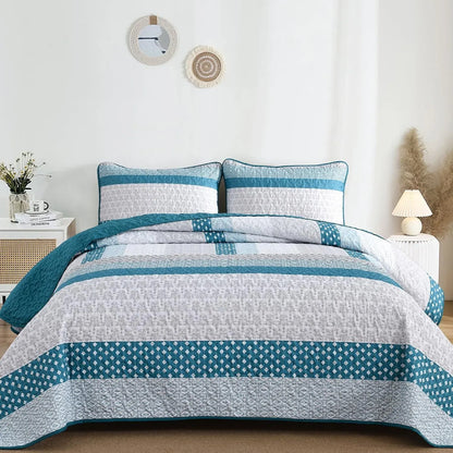 Teal Blue Stripe Boho Elysian Bedspread Coverlet 3 Piece Set - Image 2