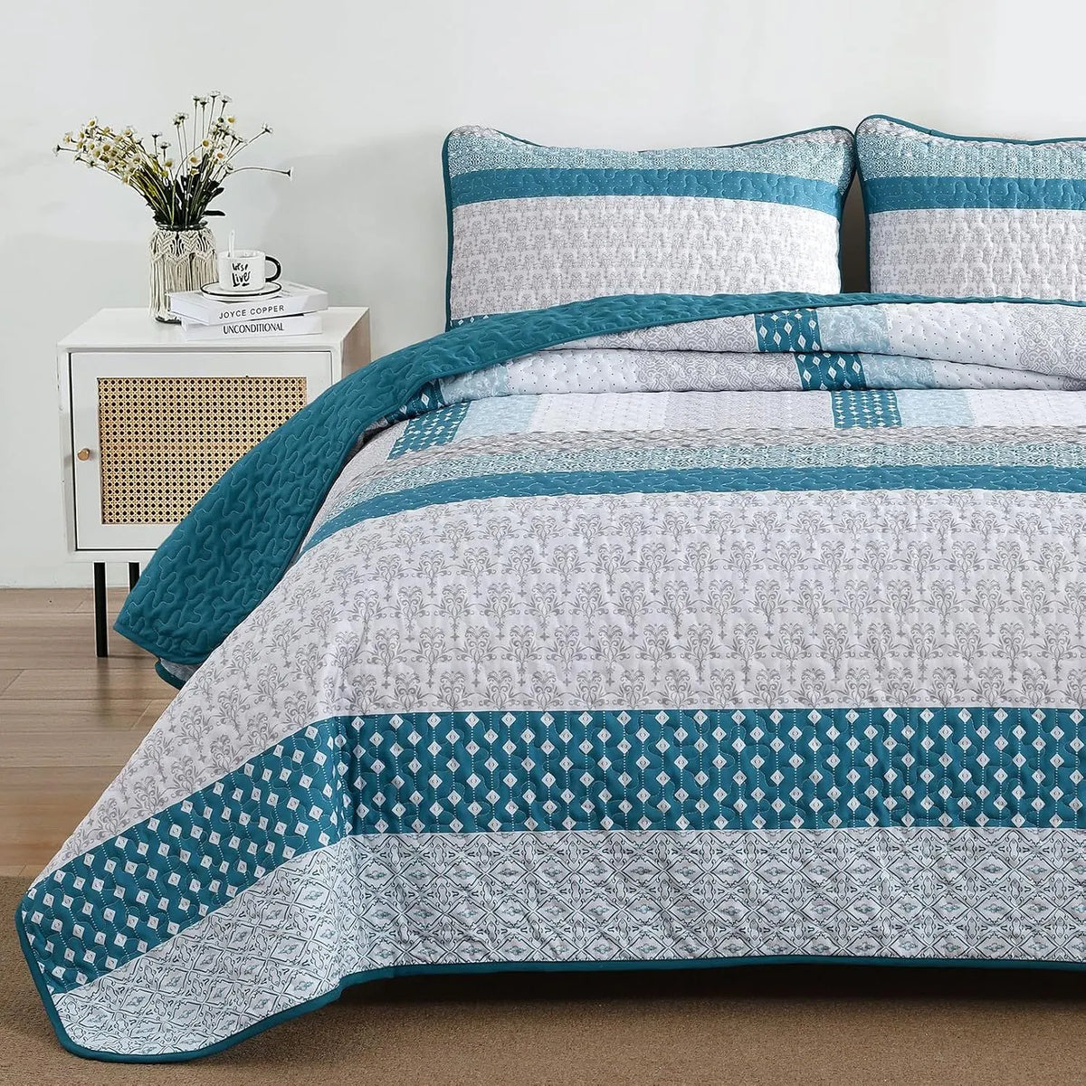 Teal Blue Stripe Boho Elysian Bedspread Coverlet 3 Piece Set - Image 3