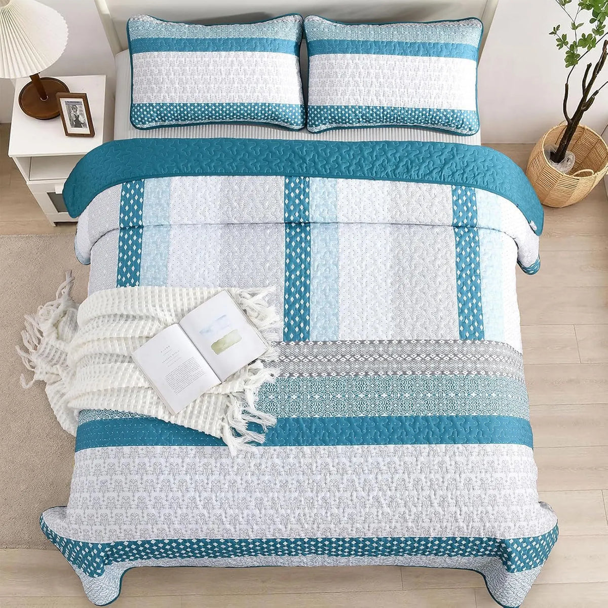 Teal Blue Stripe Boho Elysian Bedspread Coverlet 3 Piece Set - Image 4