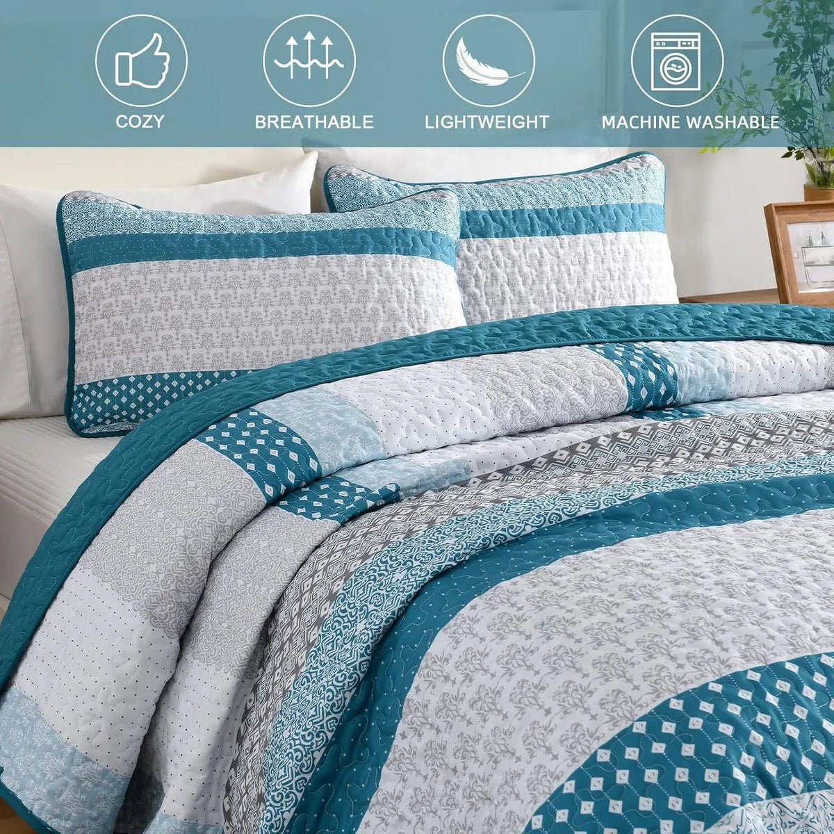 Teal Blue Stripe Boho Elysian Bedspread Coverlet 3 Piece Set - Image 5