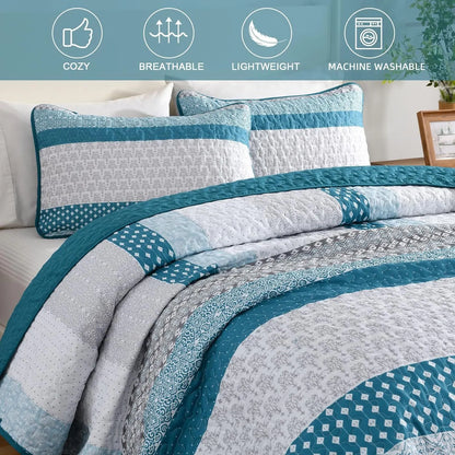 Teal Blue Stripe Boho Elysian Bedspread Coverlet 3 Piece Set - Image 5