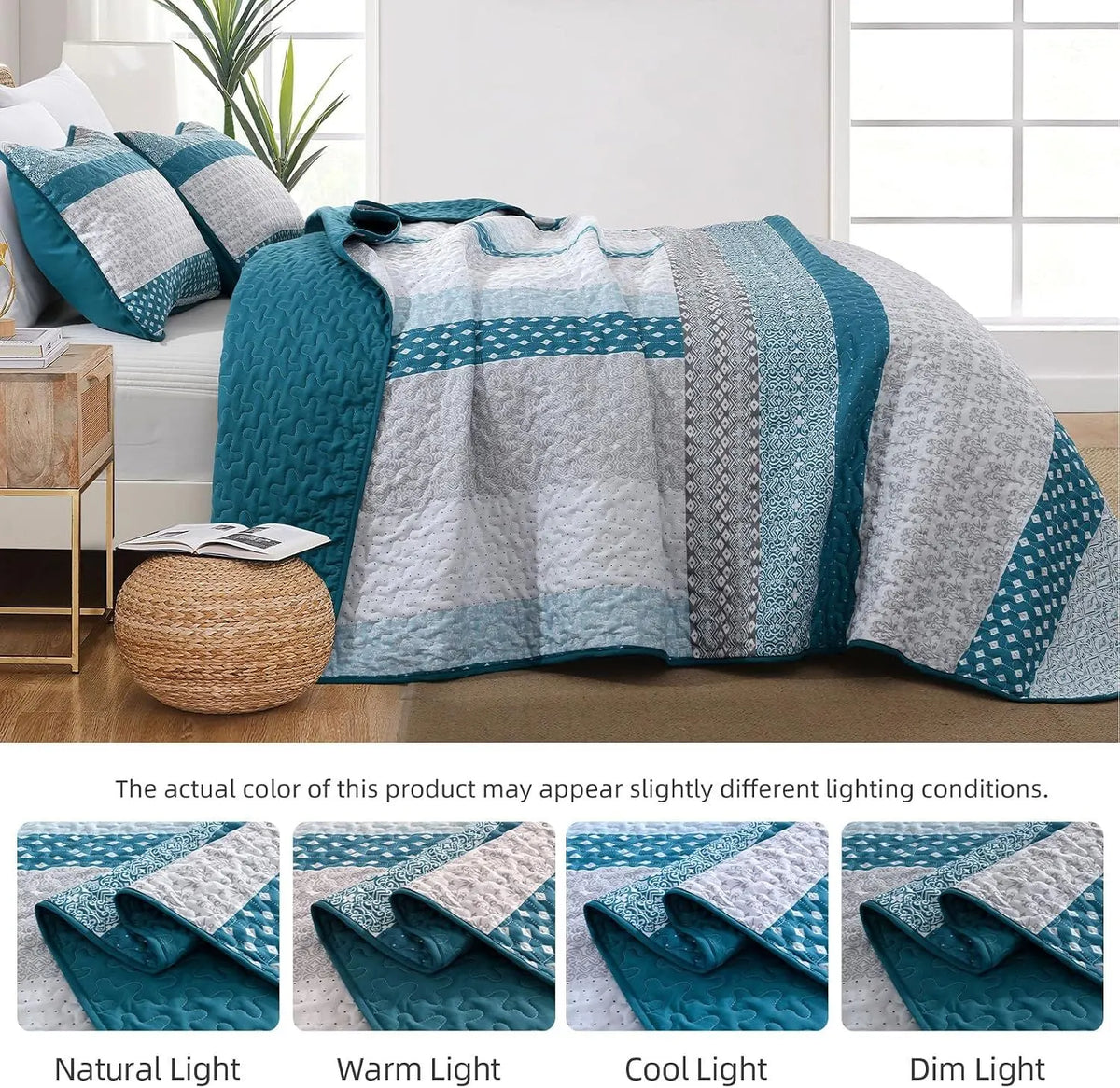 Teal Blue Stripe Boho Elysian Bedspread Coverlet 3 Piece Set - Image 6