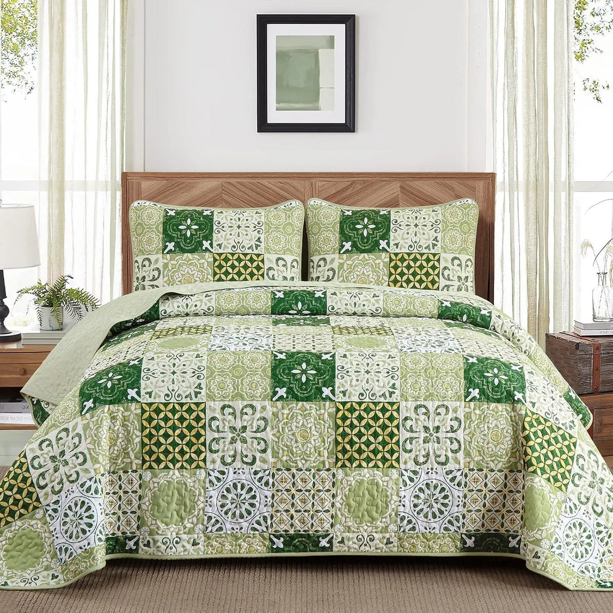 Sage Green Plaid Patchwork Garden Bedspread Coverlet 3 Piece Set
