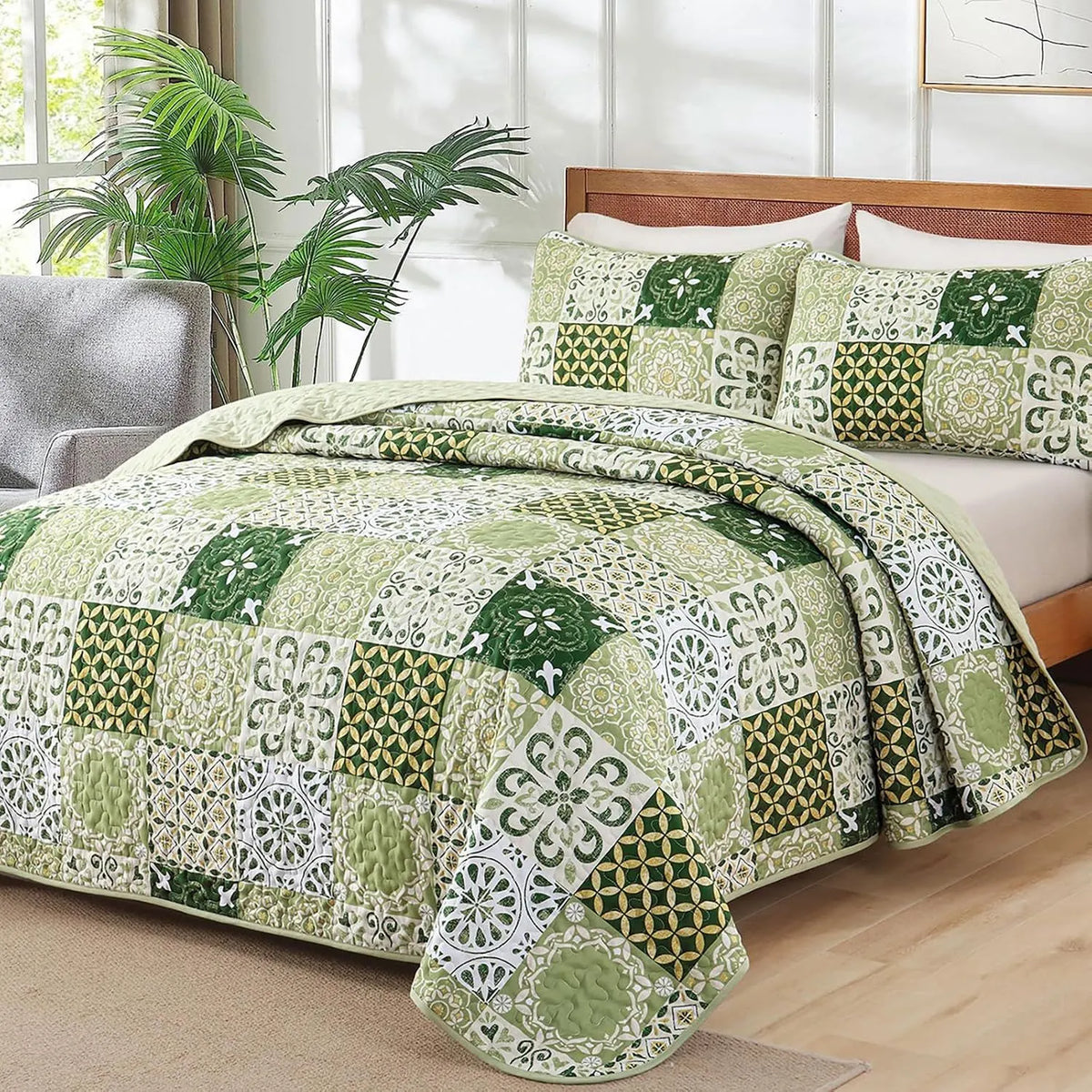 Sage Green Plaid Patchwork Garden Bedspread Coverlet 3 Piece Set - Image 2