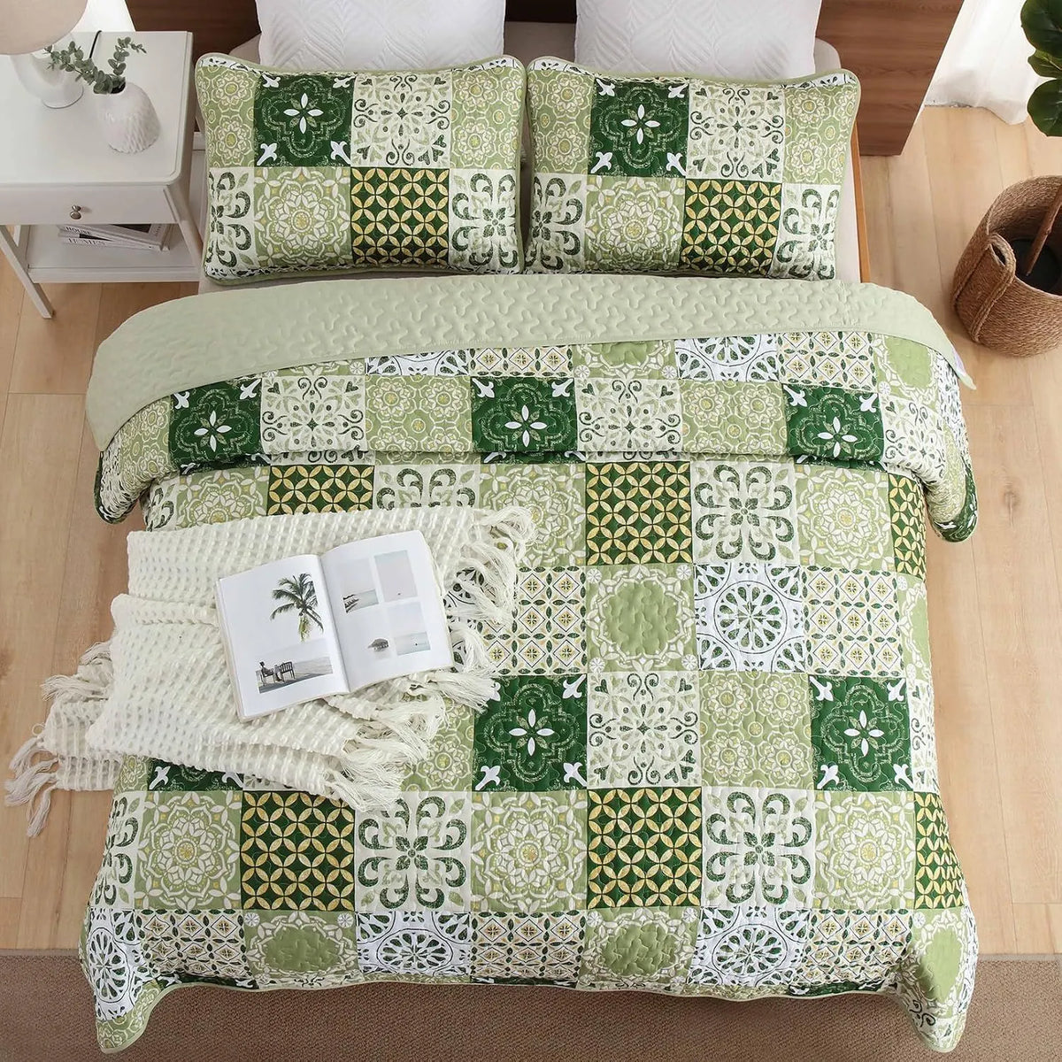 Sage Green Plaid Patchwork Garden Bedspread Coverlet 3 Piece Set - Image 3