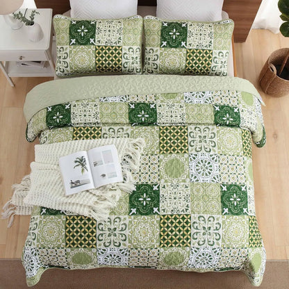 Sage Green Plaid Patchwork Garden Bedspread Coverlet 3 Piece Set - Image 3