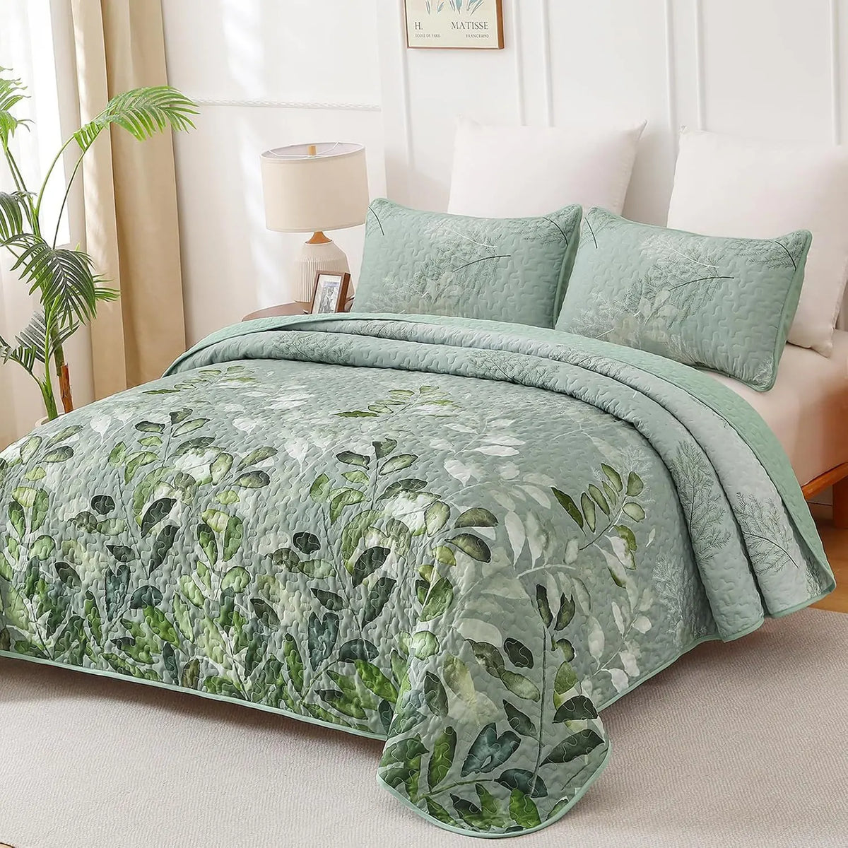 Green Floral Elysian Bedspread Coverlet 3 Piece Set - Image 2