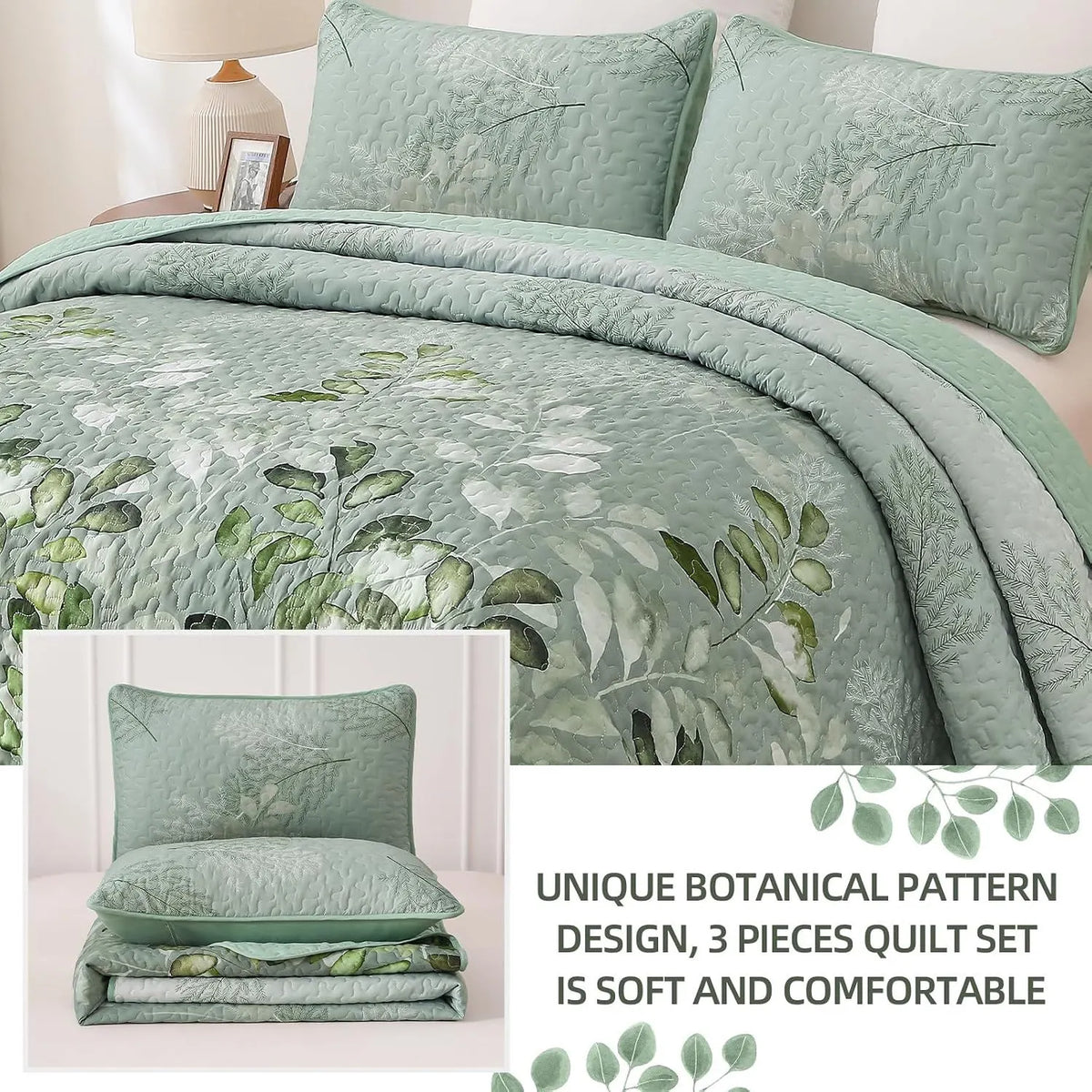 Green Floral Elysian Bedspread Coverlet 3 Piece Set - Image 4