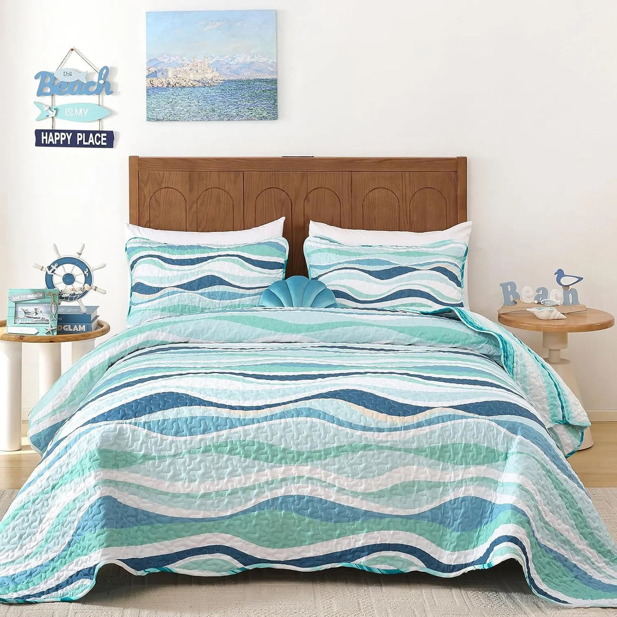 Elegant Coastal Sea Wave Meadow Bedspread Coverlet 3 Piece Set