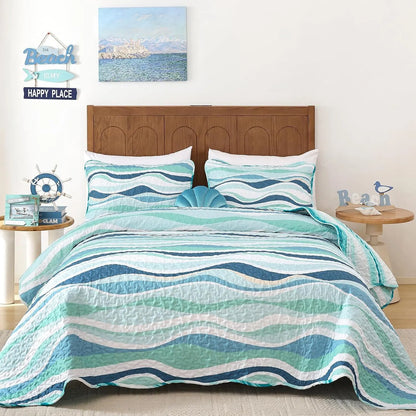 Elegant Coastal Sea Wave Meadow Bedspread Coverlet 3 Piece Set