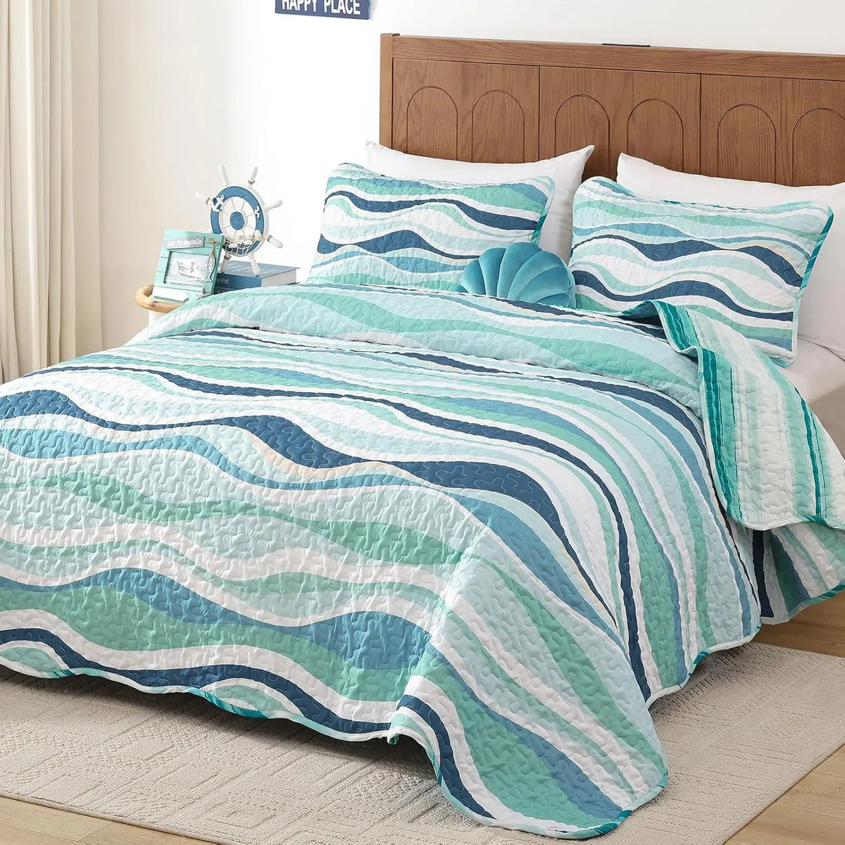 Elegant Coastal Sea Wave Meadow Bedspread Coverlet 3 Piece Set - Image 2