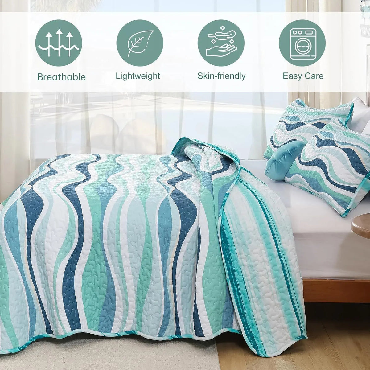 Elegant Coastal Sea Wave Meadow Bedspread Coverlet 3 Piece Set - Image 4